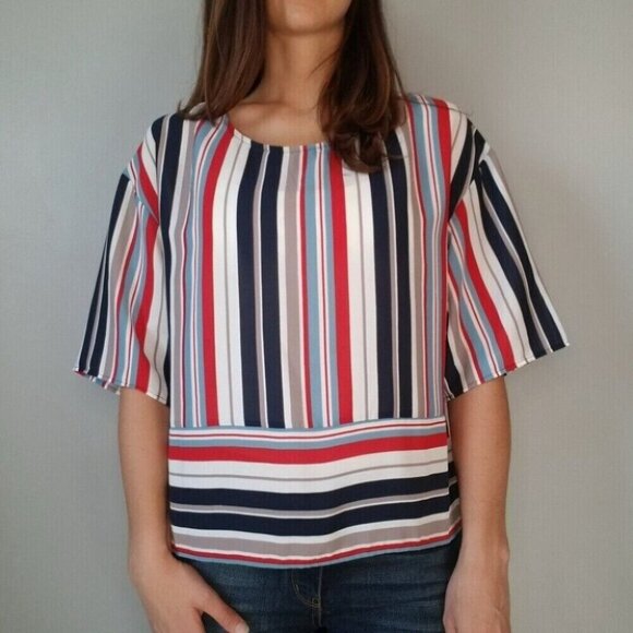 W5 Anthropologie Red White Blue Tan Striped Blouse Women's Size Small - Picture 2 of 12